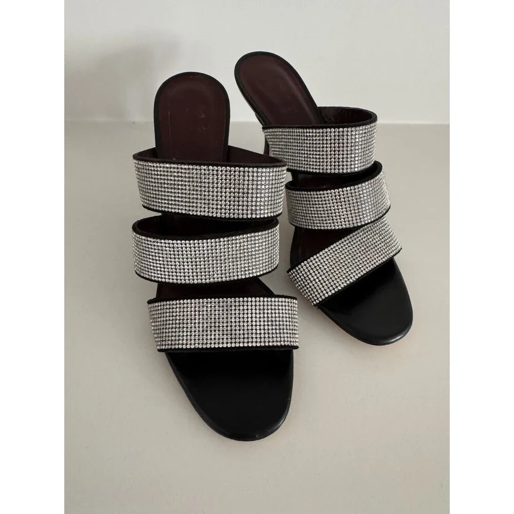 Staud Sonny Rhinestone Sandals Black Multi Strap Slides Heels Sz 36 / 6US